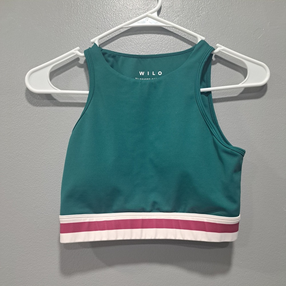 Wilo The Label Women Teal High Neck Athletic Crop Top Sports Bra Striped Hem S